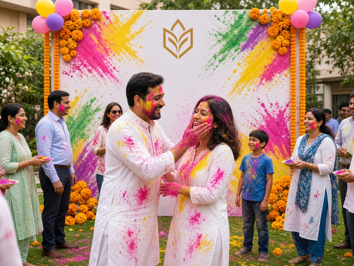Holi celebration in front of a photo backdrop board